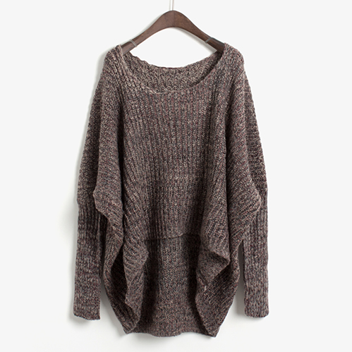 Fashion vintage loose oversize two-color yarn low-high batwing sleeve knitted sweater