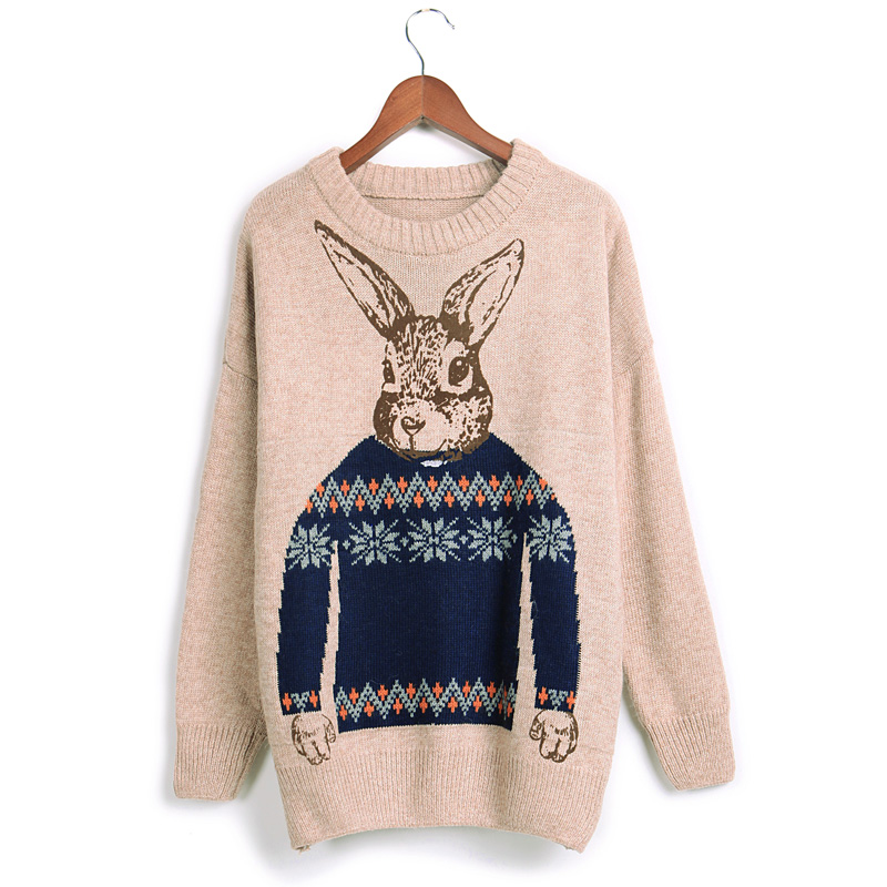 Fashion vintage loose preppy style jacquard knitted basic pullover sweater female rabbit