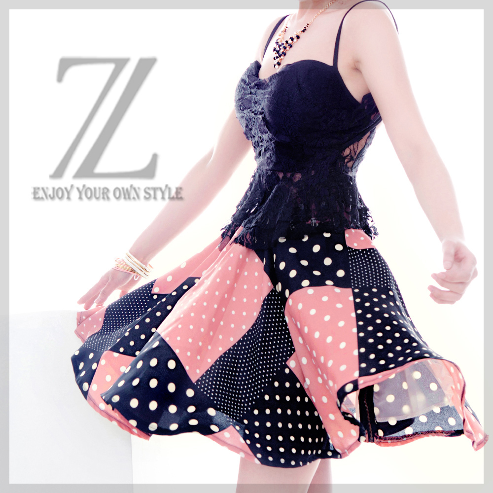 Fashion vintage polka dot pleated short skirt round dot bust skirt summer leather female powder black