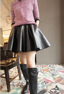 Fashion vintage PU high waist expansion bottom bust skirt short skirt A - shaped type leather skirt