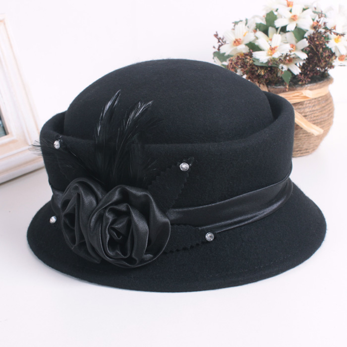 Fashion vintage pure woolen flower feather elegant bucket hat royal fedoras bucket hats