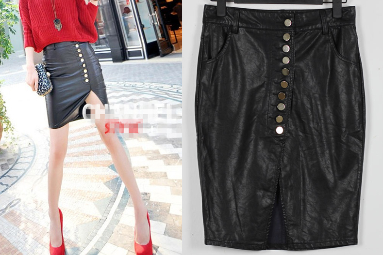 Fashion vintage sexy single breasted placketing slim hip leather skirt half-length female leather skirt