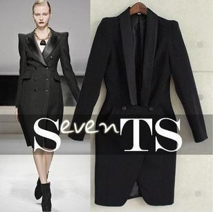 Fashion vintage turn-down collar double breasted trench black Free Shipping