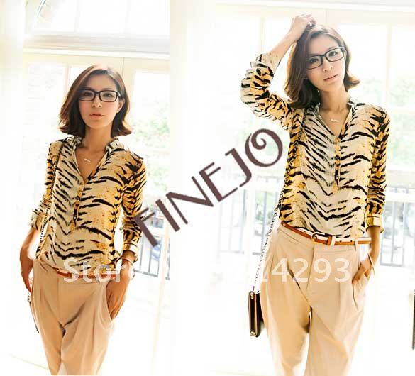 Fashion Vintage Women's Tiger Stripes Softly Cotton Shirts Long Sleeve Loose Tops Blouses Free Shipping 6104