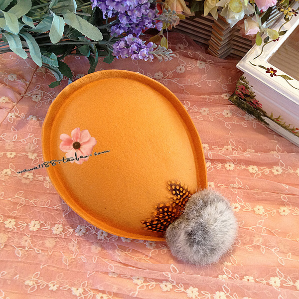 Fashion vintage Zingiber yellow rabbit fur ball feather hat hair accessory decoration cap