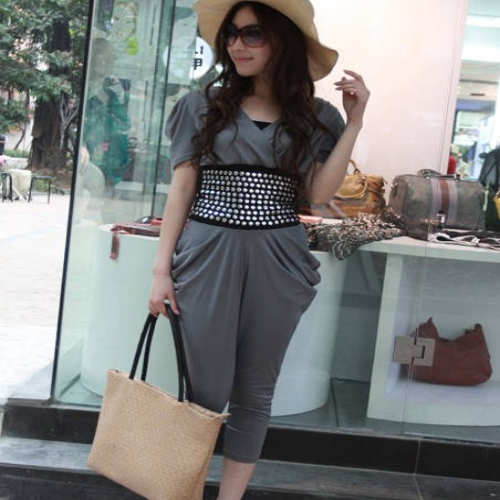 Fashion  Waist Harem Jumpsuit Woman V Neck Puff Sleeve Studded Free Shipping Dark Gray