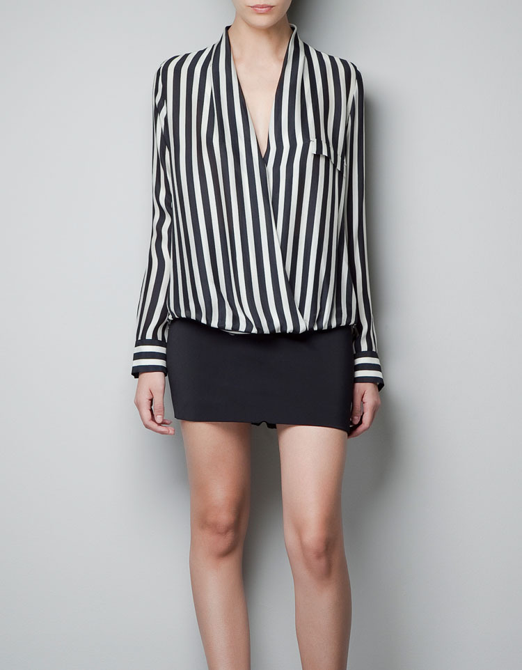 Fashion White Black Long Sleeve Striped Crossover Blouse Shirts For Women With High Qualtiy