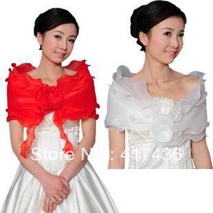 Fashion White Red Beige Bridal Wedding Accessories Organza Ruffle Flower Shrugs Prom Evening Party Jackets Pageant Stoles Tippet