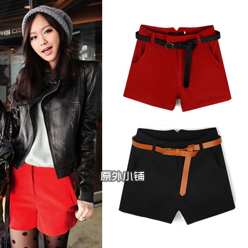 Fashion wind all-match solid color woolen short trousers boot cut jeans shorts Black