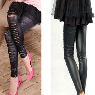 Fashion wind hole legging female faux leather slim leather pants pencil pants all-match ankle length trousers