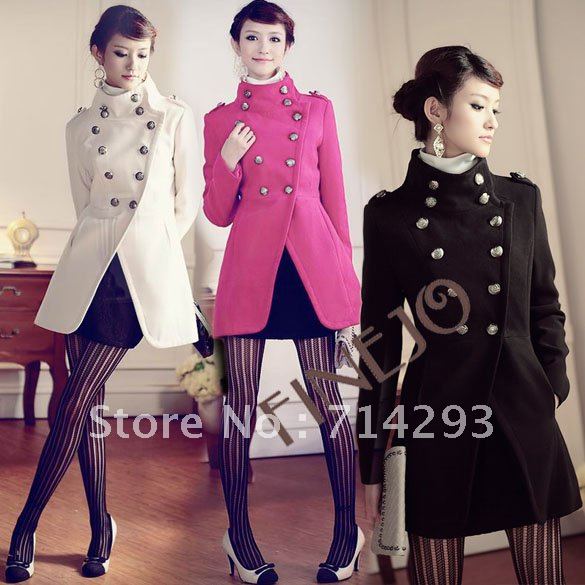 Fashion winter Double-Breasted Button Trench Jacket Military Women's Coat Stand Collar Black free shipping3429
