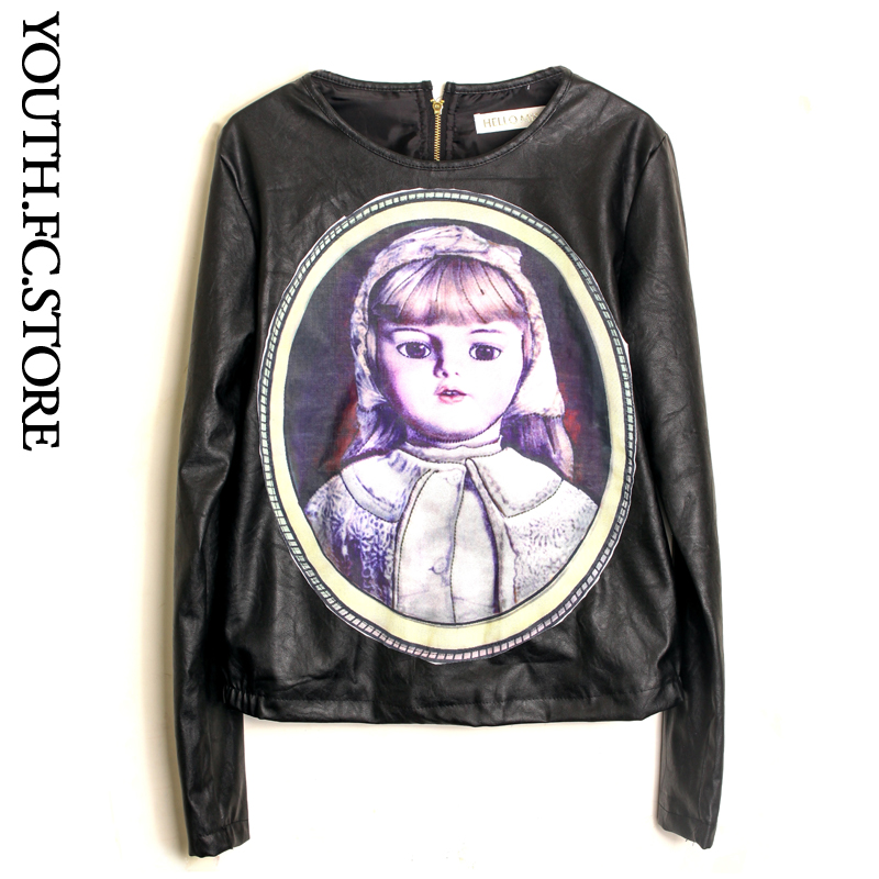 Fashion winter new arrival PU water wash vintage porcelain doll o-neck short design pullover leather clothing women outerwear