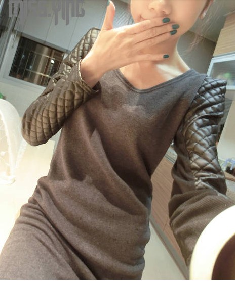 Fashion winter patchwork leather slim medium-long basic shirt vintage all-match thickening thermal long-sleeve dress