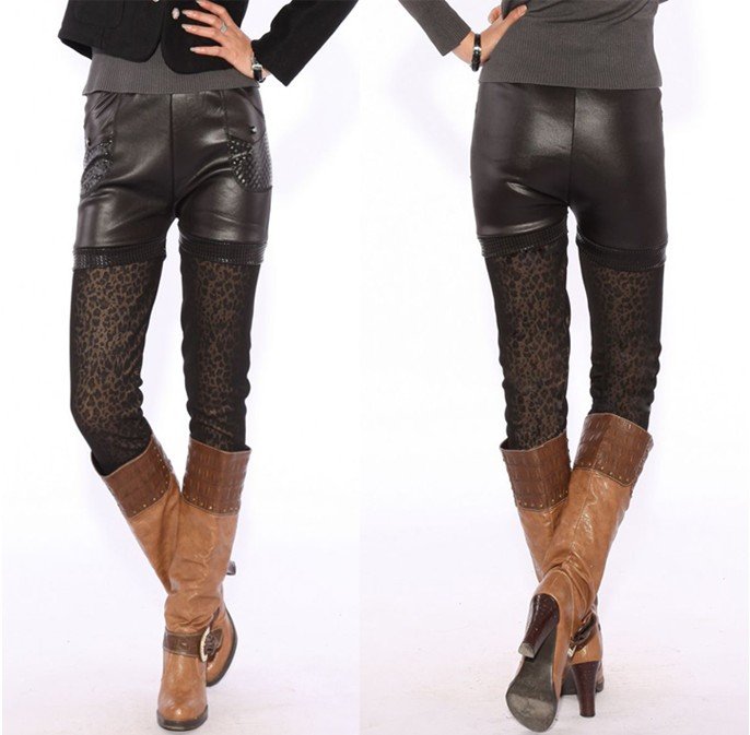 Fashion Winter Warm Thick Women Leopard Design Imitation Leather Leggings Pants,Free Shipping