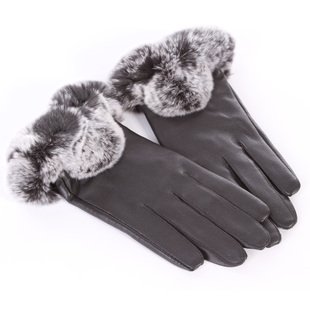 Fashion Winter Warm women's rabbit fur Genuine Leather sheepskin Gloves  thermal Leather Gloves