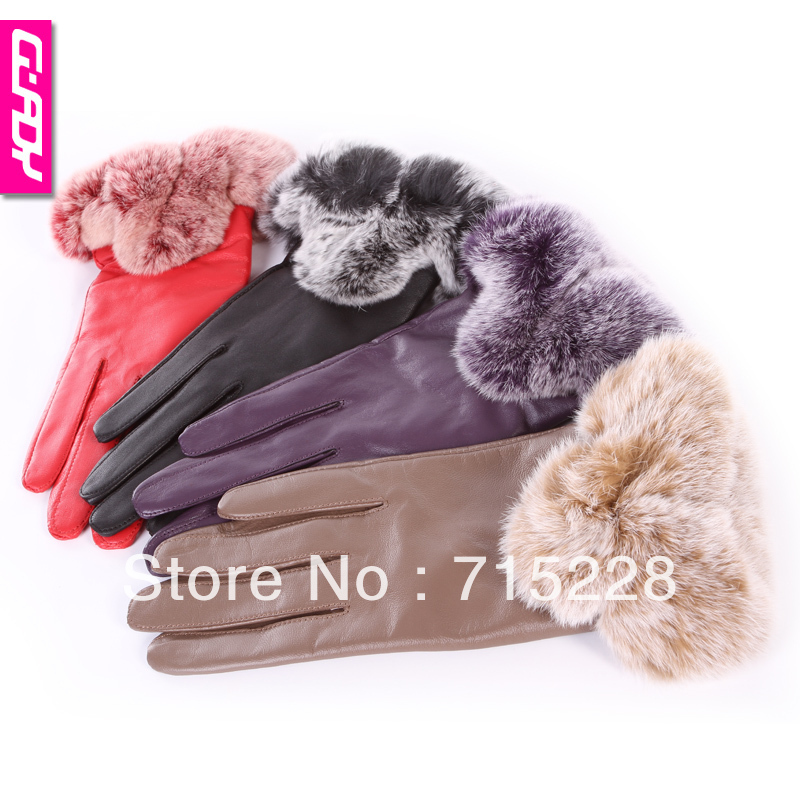 Fashion winter women's rabbit fur genuine leather sheepskin gloves autumn and winter thermal leather gloves