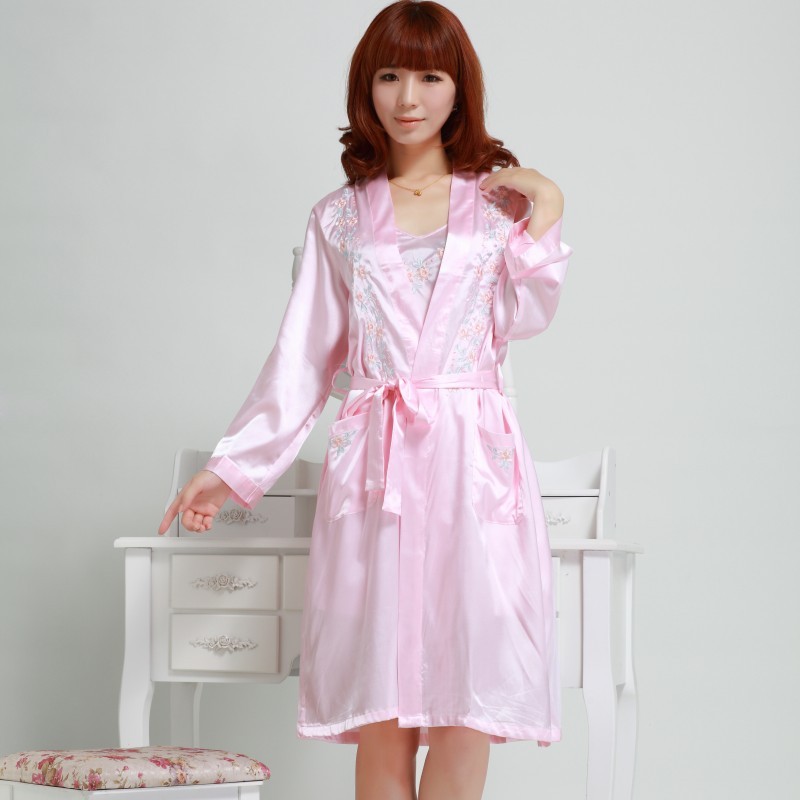 Fashion Wire spring and autumn faux silk sleepwear female sexy quality long-sleeve one piece nightgown lounge white