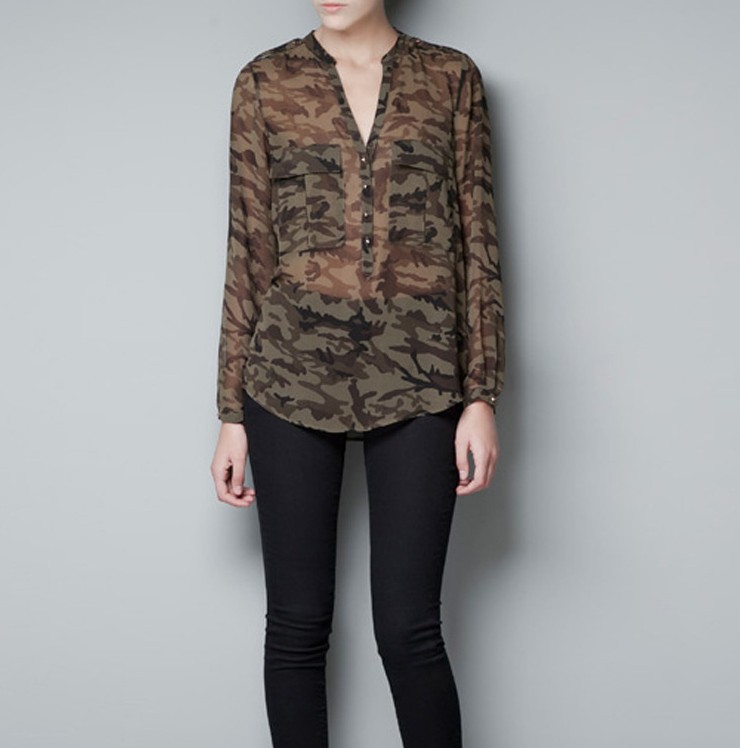 Fashion Woman Camouflage Clothing Blouses V-Neck Big Pockets Lady Shirts Free Shipping