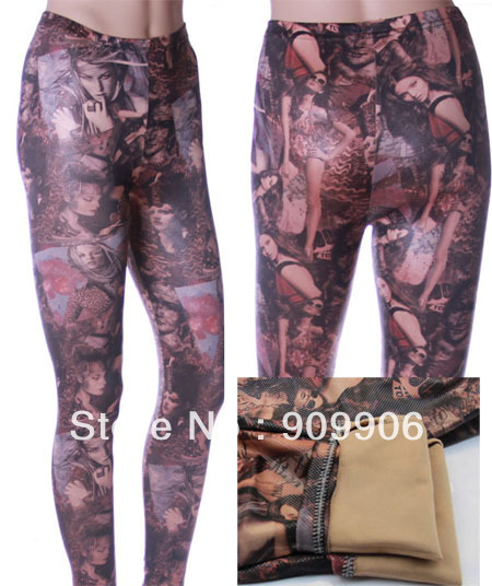 Fashion Woman Faux Leather Leggings Graffiti Punk Cartoon Portrait Tights Pants free shipping