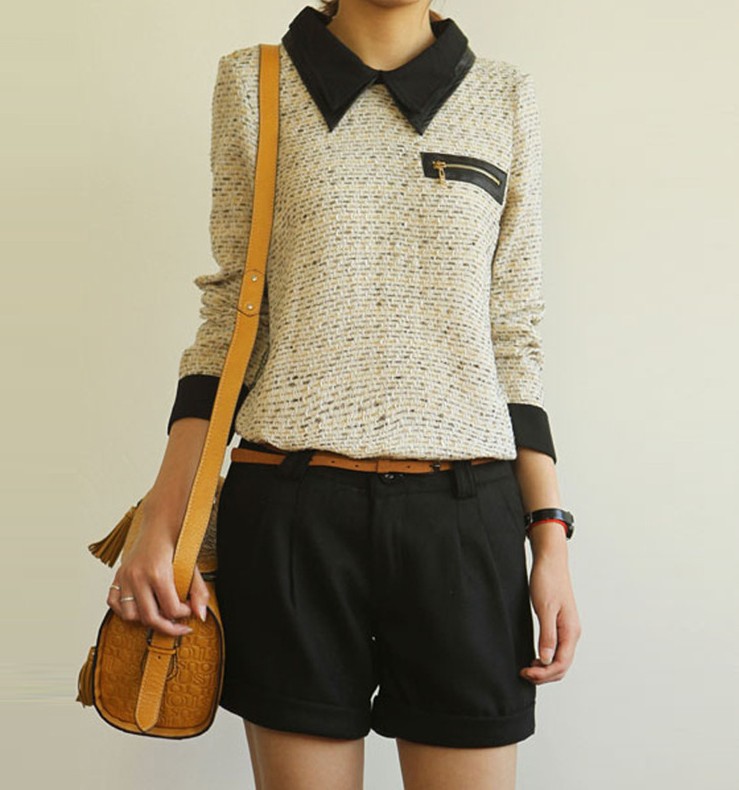 Fashion Woman Korea Style PU Collar Blouses Vintage Patchwork Long SleevesLady Shirts Free Shipping