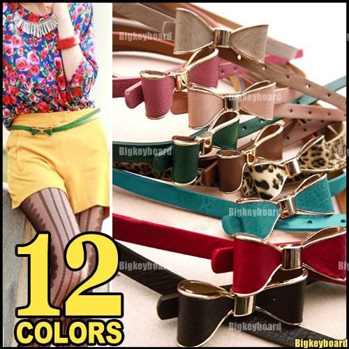 Fashion Woman's Candy Color Big Bowknot PU Leather Thin Skinny Waistband Belt