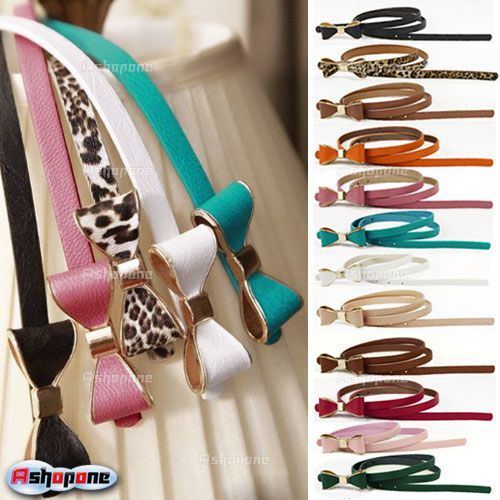 Fashion Woman's Candy Color Big Bowknot PU Leather Thin Skinny Waistband Belt