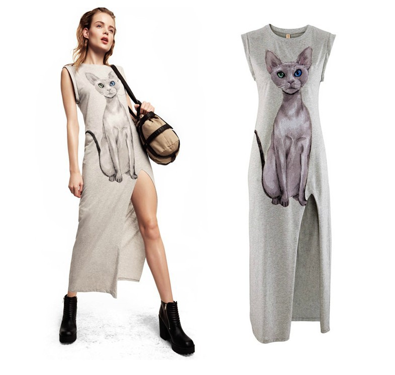 Fashion Woman Sleeveless Cotton Furcal Long Dress 6 Size Vovelty Blue Eyes Cat Printed Lady Beach Dresses Free Shipping