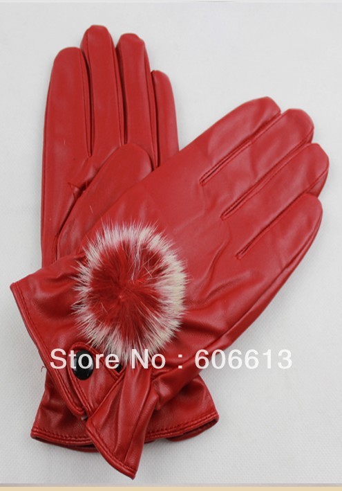 Fashion woman winter faux leather red gloves warm woolen lining winter black gloves for lady 3colors supply 10pcs/lot free ship