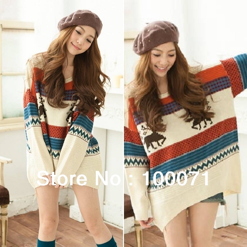 Fashion Women Animal Deer Splicing Loose Round Neck Pullover Knitwear Sweater  [23887|01|01]