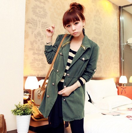 Fashion women autumn and winter loose Army Green double breasted long design outerwear trench-JAC007