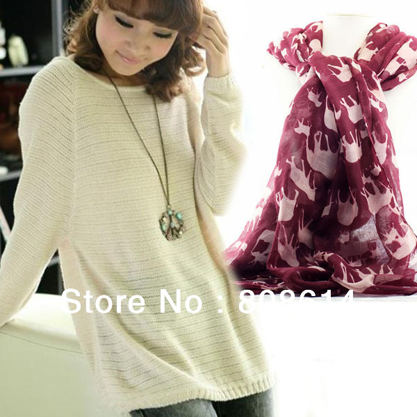Fashion Women Batwing Round Neck Long Sleeve Sweater With 1PCS Elephant Print Design  Long Soft Scarf