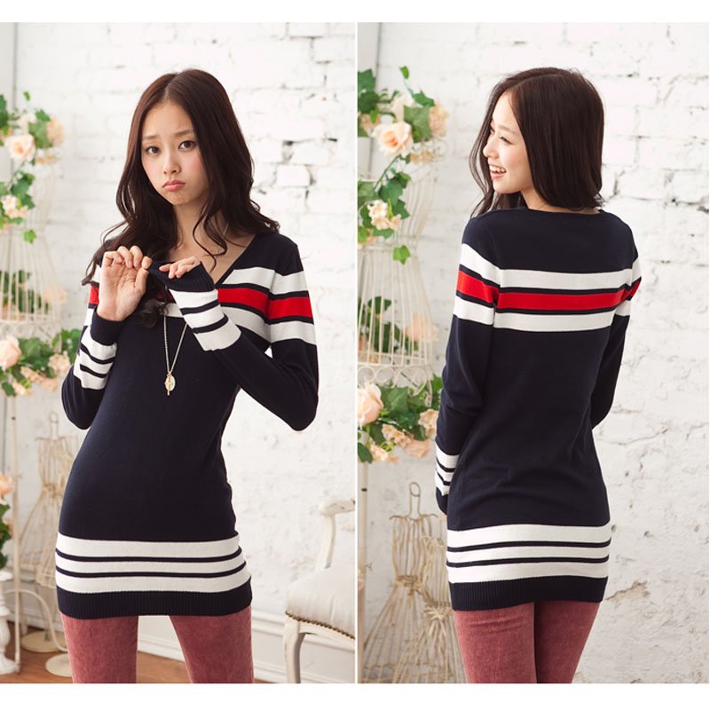 Fashion Women Blue Navy Stripe V Neck Long Sleeves Stretchy Slim Knit Dress Knitted Tunic Sweater,Free Shipping