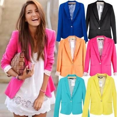 Fashion Women Candy Color Suit Blazers Elegant Colorful One Button Style Foldable Sleeves Coat Cotton 6color Free Shipping