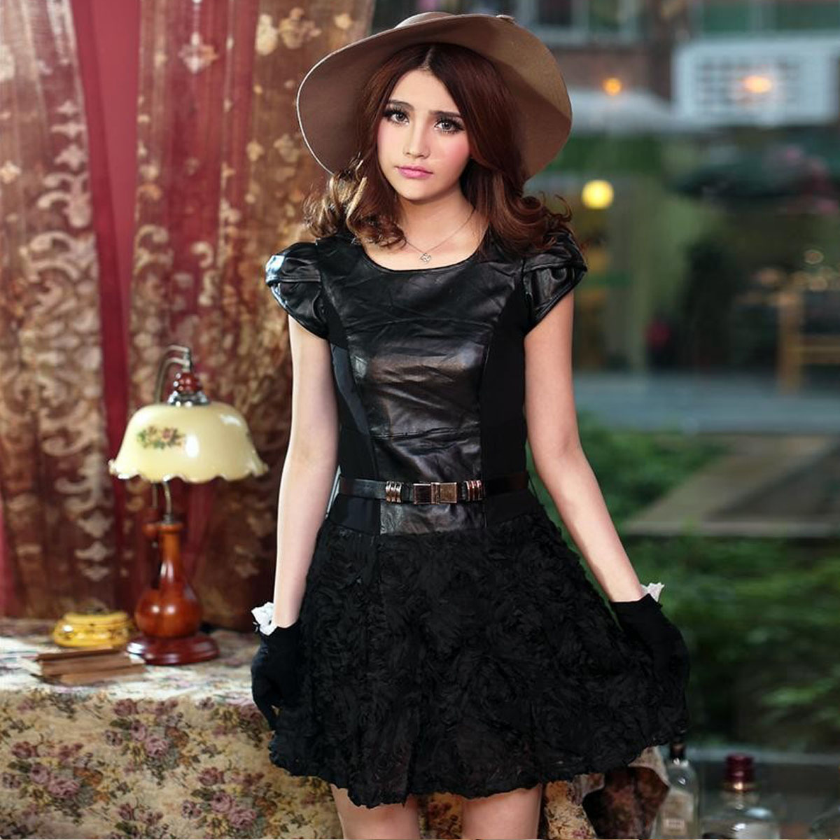 fashion women cheap ladies Fashion star fashion 2013 women's spring pinioning embroidery leather charm net one-piece dress