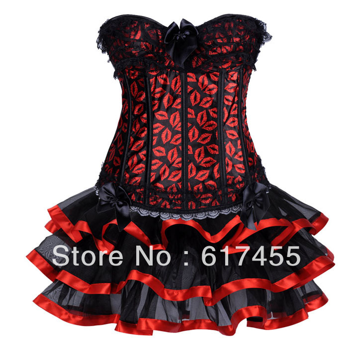 Fashion Women intimates satin sexy lingerie (bustier+underwear+skirt) Corset red 2873A