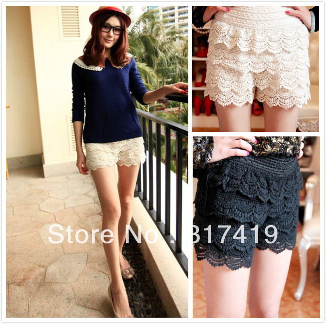 Fashion Women Lace Flower Shorts Sexy Openwork Crochet Short Skirt  Pants Black & Beige Free Shipping