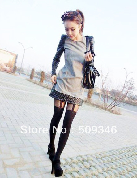 Fashion Women Ladies Gray Short Dresses Wool Cotton Flannel Leather Patchwork Long Sleeve Spring Autumn M L Free Shipping