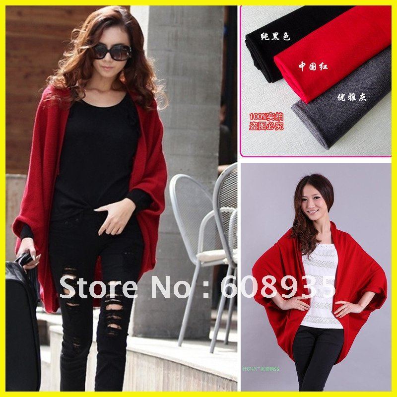Fashion Women Lady Loose Bat dolman Sleeve Knit Sweater Top Cardigan Shawl Cape Black/Gray/Red+Free Shipping.size S,M,L.T025