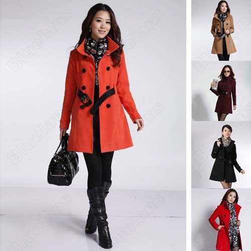Fashion Women Lady Wool Double-breasted Belt Trench Long Coat Thick Outwear   M-XXL 30624