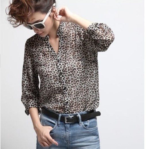 Fashion women  leopard point long sleeve is prevented bask in chiffon long shirts,women tops