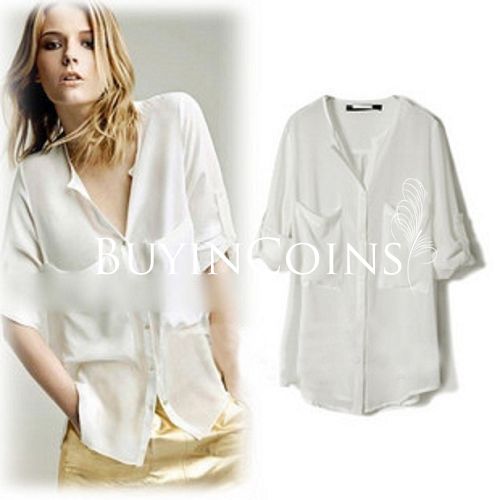 Fashion Women Neck Round Button Translucent Chiffon Blouse Shirt Tops 8379 [20722|99|01]