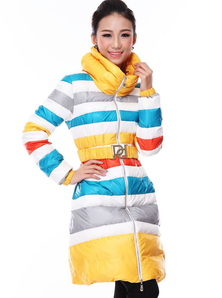 Fashion Women Parka White Duck Down Coats Winter Colorful Stripes With Belt Wholesale Ladies Jackets Poncho WW8221