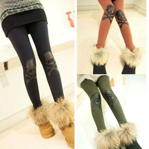 Fashion Women Rock Knee Leather X-Bone Skull Leggings Tights Pants Free Shipping