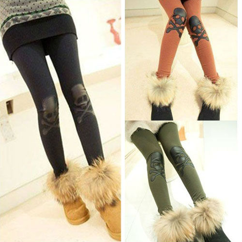 Fashion Women  Rock Knee Leather X-Bone Skull Leggings Tights Pants YLG-0124