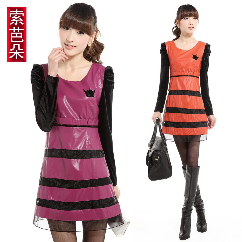 Fashion women's 2012 autumn and winter PU skirt water washed leather long-sleeve autumn one-piece dress 1838