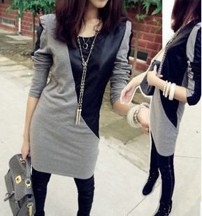 Fashion women's 2012 autumn elegant fashion patchwork leather small long design handsome long-sleeve T-shirt female