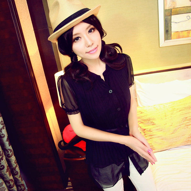 Fashion women's 2012 summer long design stand collar slim waist chiffon shirt summer a274