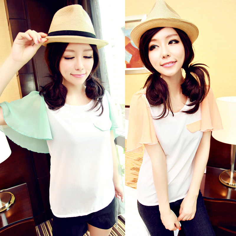 Fashion women's 2012 summer single pocket color block chiffon top a276