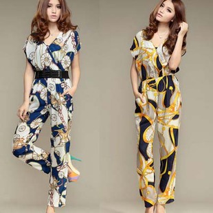 Fashion women's 2013 casual pants decorative painting pattern V-neck slim jumpsuit with belt ,free shipping #J289