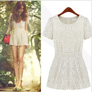 Fashion women's 2013 cutout lace o-neck ruffle fashion slim one-piece dress jumpsuit